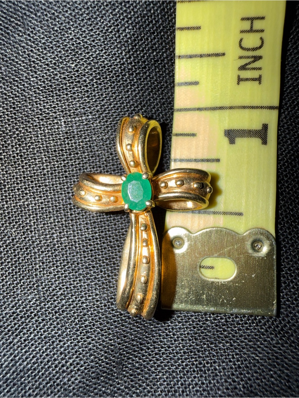 Vintage 10K Gold Emerald Ribbon Cross Necklace